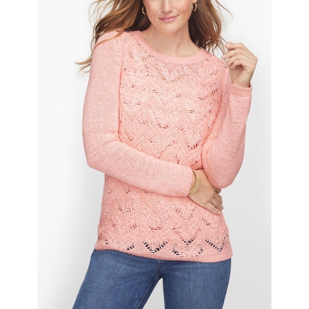 Talbots PETITE Women's Lightweight Sweater PXL Peach Pointelle Open Weave Beachy